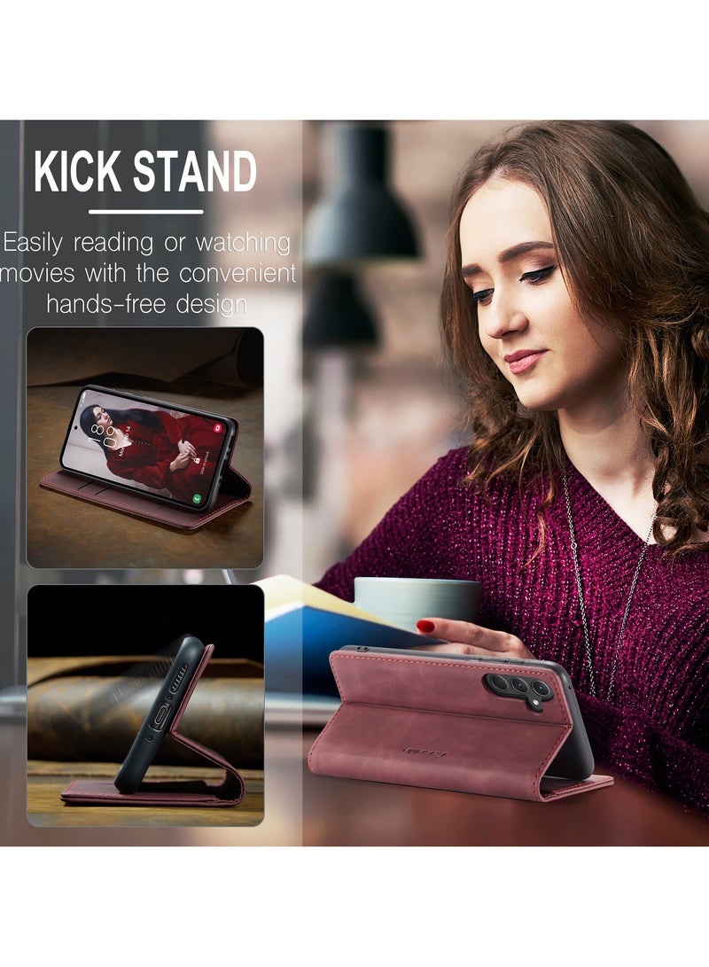 CaseMe Samsung Galaxy A35 Wallet Case Book Folding Flip Folio Case with Magnetic Kickstand Card Slots Protective Cover - Wine Red - Image 5