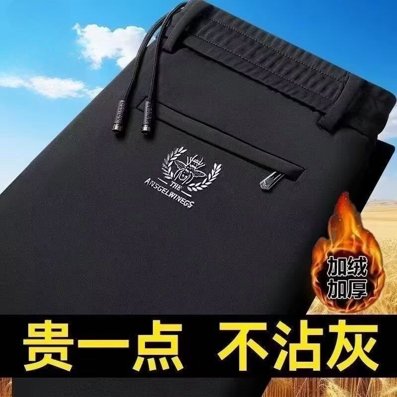 بنطلون كاجوال سميك مبطن بالفليس للخريف، بنطلون مرن بسماكة عالية، بنطلون فضفاض بدون كي للرجال، جملة الجيل Qi 650 أسود - Image 1