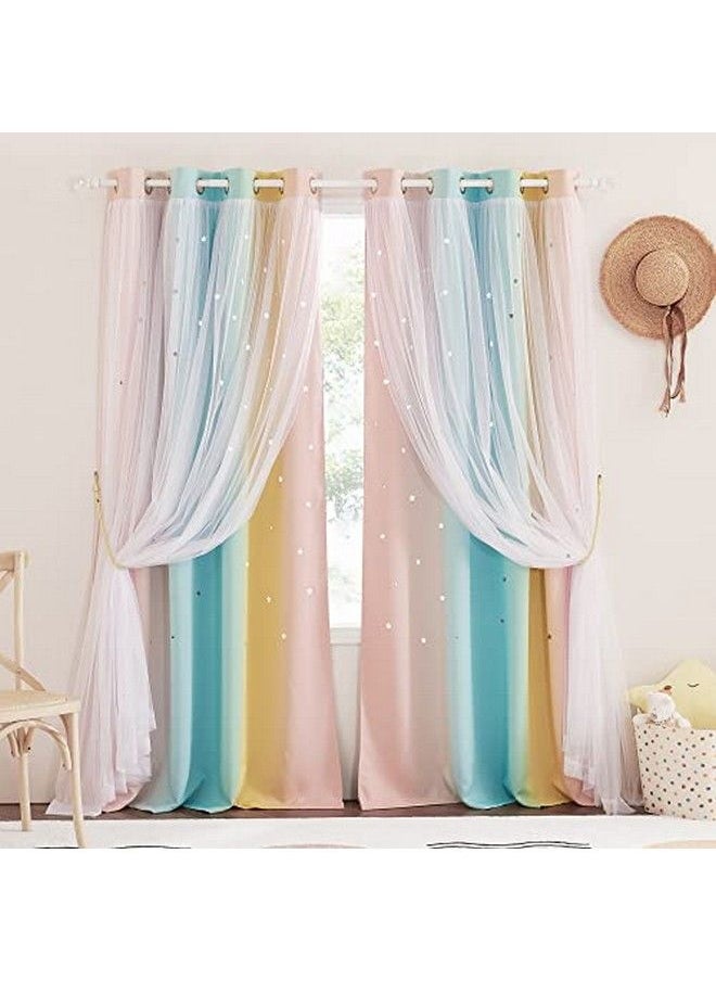 NICETOWN - Kids Room Decor Curtains For Girls Nursery Star Cut Princess Room Design Curtains With Versatile Styling Options For Backdrops (Pink & Yellow & Green & Pink Each Is W52 X L84 Sold By 2) - Image 1