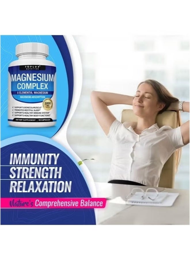 Toplux Magnesium Complex Supplement 8 Elemental Magnesium 1000mg - Magnesium Glycinate, Citrate, Malate, Taurate, Chelated for Easy Absorption for Bones, Muscle, Recovery, Energy, Vegan Non-GMO 90 Capsules - Image 2