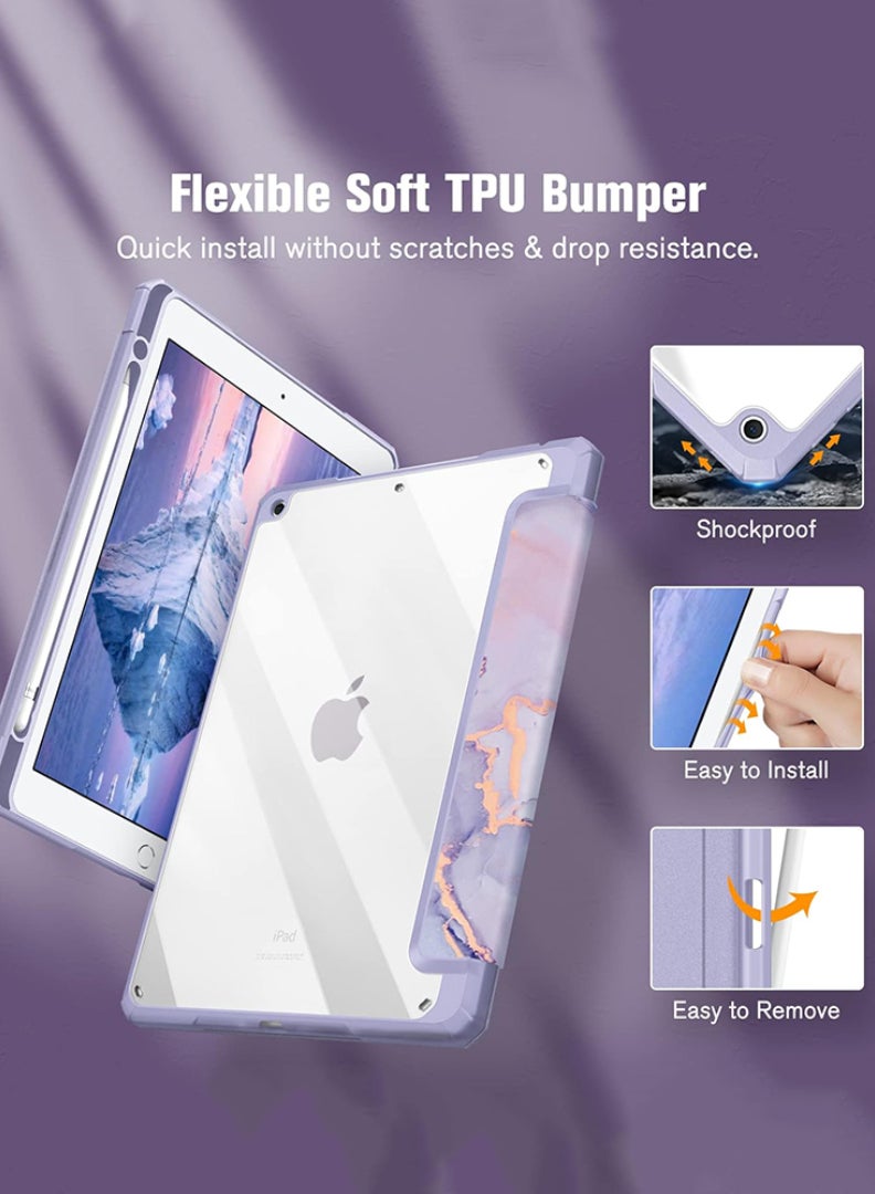 Theodor Protective Slim Case for iPad 9th / 8th / 7th Generation (2021/ 2020/ 2019) 10.2 Inch - [Built-in Pencil Holder] Shockproof Cover with Clear Transparent Back Shell, Lilac Marble  - Image 4