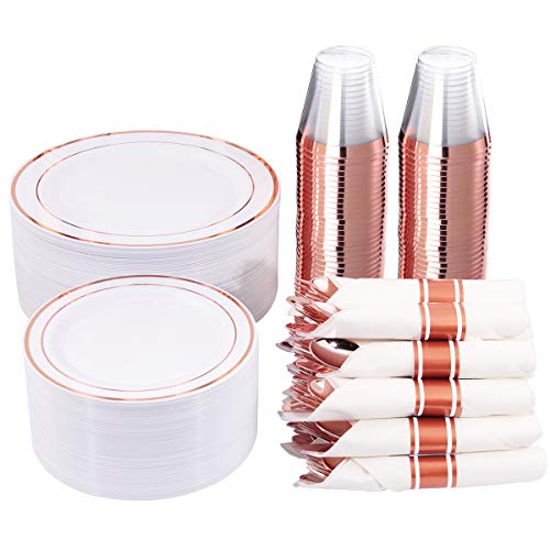 WELLIFE 350 Pieces Rose Gold Plastic Dinnerware 50 Guests Disposable Plates with Rose Gold silverware and Cups 50 Pre Rolled Napkins with Cutlery Perfect for Wedding and Party