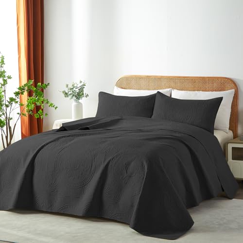 WURUIBO FullQueen Quilt Set BlackUltrasonic Embossed Bedspread Lightweight Microfiber Coverlet Modern Thin Bedding Set for All Season 3 Piece1 Quilt2 Pillow Shams - Image 3