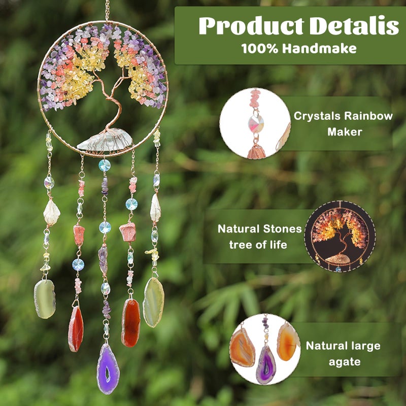 Dreamsum Agate Moon Dream Catchers with Crystal Color Gemstone Dream Catchers Natural Tree of Life Gem Agate Wall Hangings Room Garden Dreamcatchers Decor (Color) - Image 3
