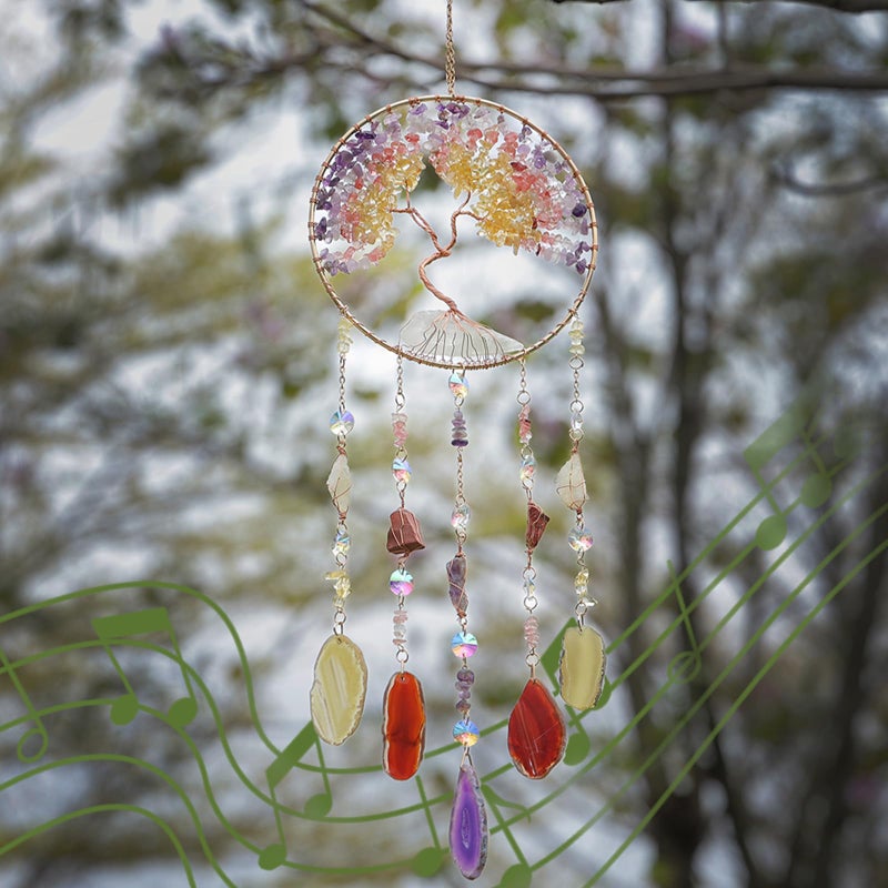 Dreamsum Agate Moon Dream Catchers with Crystal Color Gemstone Dream Catchers Natural Tree of Life Gem Agate Wall Hangings Room Garden Dreamcatchers Decor (Color) - Image 5