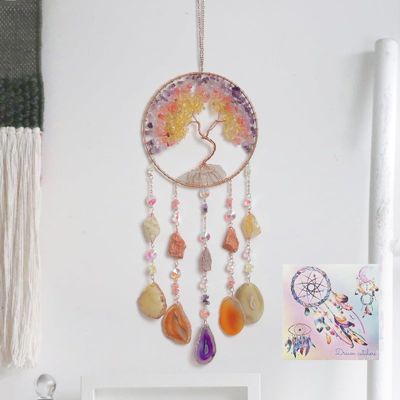 Dreamsum Agate Moon Dream Catchers with Crystal Color Gemstone Dream Catchers Natural Tree of Life Gem Agate Wall Hangings Room Garden Dreamcatchers Decor (Color) - Image 1