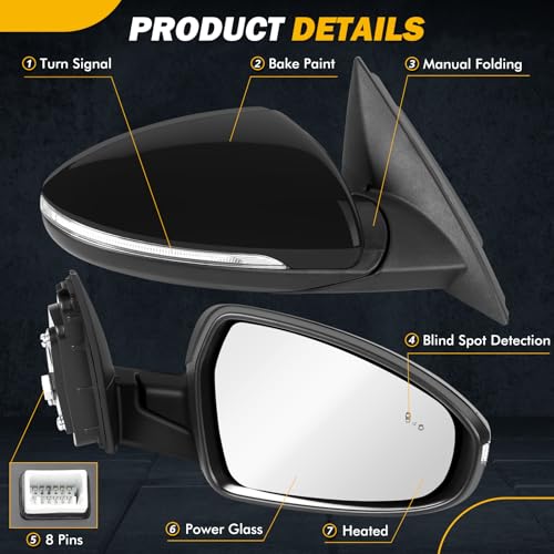 HPEVA Side Mirror Compatible with KIA Forte 2019 2020 2021 2022 2023 2024, W/Blind Spot Indicator/Heated/Manual Folding/Power Glass Door Mirror Replace ‎87620M7090 KI1321225 (8pins,Right Passenger) - Image 3