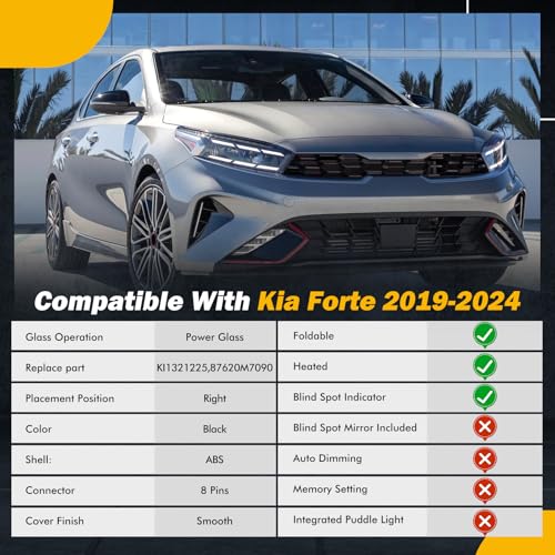 HPEVA Side Mirror Compatible with KIA Forte 2019 2020 2021 2022 2023 2024, W/Blind Spot Indicator/Heated/Manual Folding/Power Glass Door Mirror Replace ‎87620M7090 KI1321225 (8pins,Right Passenger) - Image 2