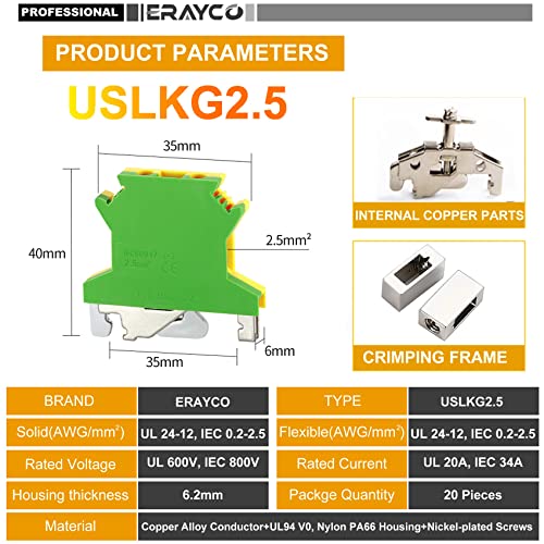 Erayco USLKG2.5N DIN Rail Mounted Ground Circuit Connection Terminal Block, 600V 20A, 24-12 AWG, Screw Clamp (Pack of 20) - Image 3