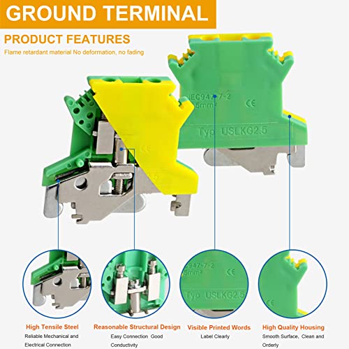 Erayco USLKG2.5N DIN Rail Mounted Ground Circuit Connection Terminal Block, 600V 20A, 24-12 AWG, Screw Clamp (Pack of 20) - Image 2