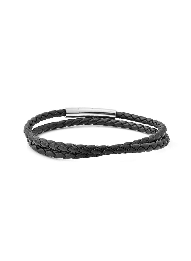 Riblor Fabio Double Wrap Leather Bracelet Black And Silver - Image 2