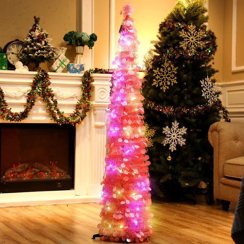 Aoriher 5 ft Prelit Pop up Light Pink Christmas Tinsel Tree Decor Reusable Collapsible Artificial Sequins Slim Pencil Tree with Colorful String Lights for Holiday Party Home Indoor Outdoor