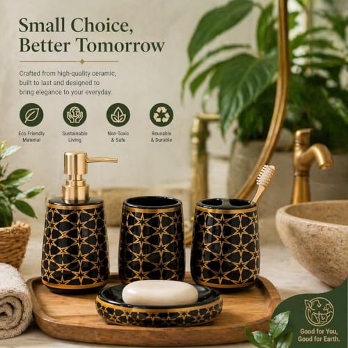 Whizzo® Ceramic Luxury Bathroom Accessories Set Ceramic - 4 Pieces Multicolor Bathroom Accessories Set Soap Dispenser, Toothbrush Holder, Tumbler, Soap Dish, The Best Gifting Choice (WZ-BS-804-Black) - Image 5