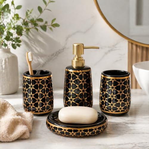 Whizzo® Ceramic Luxury Bathroom Accessories Set Ceramic - 4 Pieces Multicolor Bathroom Accessories Set Soap Dispenser, Toothbrush Holder, Tumbler, Soap Dish, The Best Gifting Choice (WZ-BS-804-Black) - Image 1