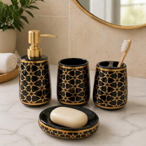 Whizzo® Ceramic Luxury Bathroom Accessories Set Ceramic - 4 Pieces Multicolor Bathroom Accessories Set Soap Dispenser, Toothbrush Holder, Tumbler, Soap Dish, The Best Gifting Choice (WZ-BS-804-Black) - Image 4