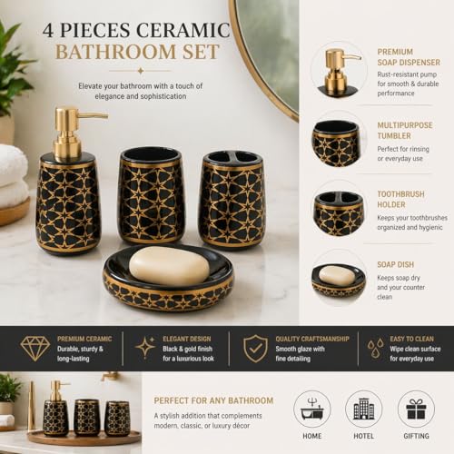 Whizzo® Ceramic Luxury Bathroom Accessories Set Ceramic - 4 Pieces Multicolor Bathroom Accessories Set Soap Dispenser, Toothbrush Holder, Tumbler, Soap Dish, The Best Gifting Choice (WZ-BS-804-Black) - Image 2