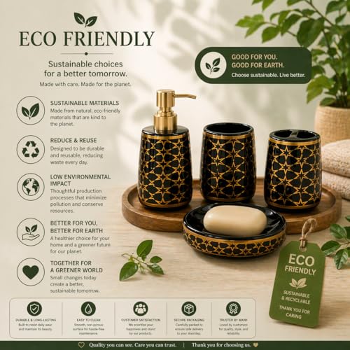 Whizzo® Ceramic Luxury Bathroom Accessories Set Ceramic - 4 Pieces Multicolor Bathroom Accessories Set Soap Dispenser, Toothbrush Holder, Tumbler, Soap Dish, The Best Gifting Choice (WZ-BS-804-Black) - Image 3