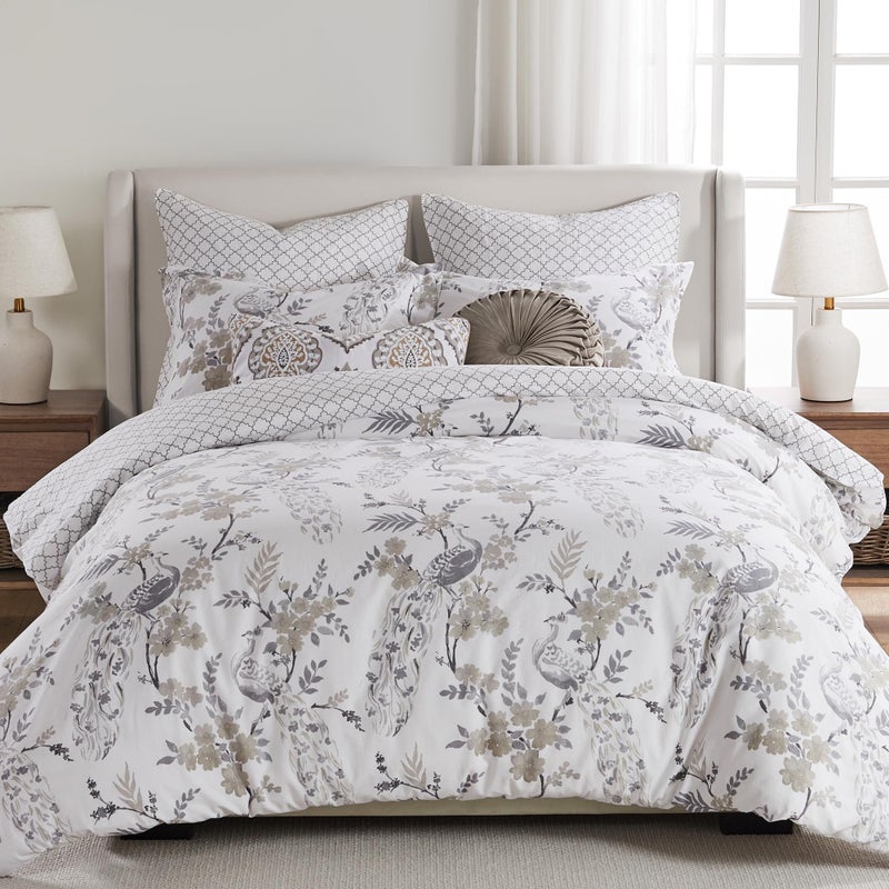 Levtex Home  Pisa Comforter Set  King Comforter  Two King Pillow Cases  Floral Contemporary Peacock  Grey and Taupe  Comforter 106 x 94in and Pillow Case 36 x 20in  Cotton