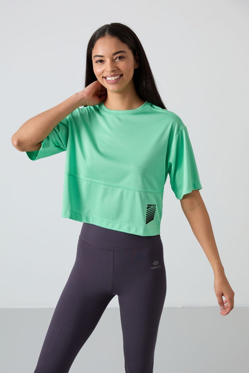 Tommy Life Water Green Polyester Breathable Textured Thin Flexible Oversize Fit Performance Women's T-Shirt - 97284  - Image 4