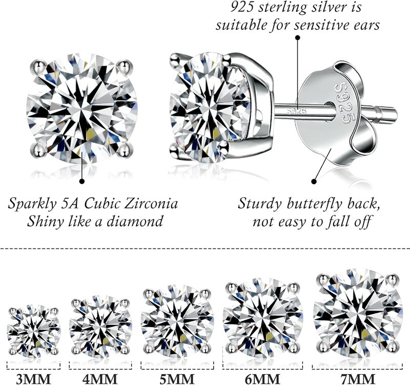 Fcebsty Store 925 Sterling Silver Stud earrings Set | White Gold Plated Hypoallergenic Stud Earrings | Cubic Zirconia Stud Earrings for Women (2mm,3mm,4mm,5mm,6mm,7mm) 8 CZ colors options - Image 4