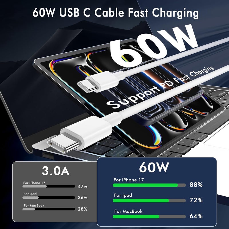 APFEN USB C to USB C Cable (6FT, 2Pack),Type-C 60W Woven Fast Charging Cord Long for iPhone 17/16/15 Pro Max Samsung S25 S24 S23 Note 20 MacBook iPad Airï¼ŒWhite - Image 2