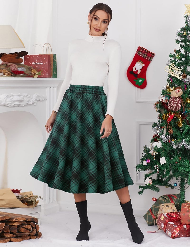 IDEALSANXUN Christmas Skirts for Women Christmas Outfits Clothes Fall Winter Casual Wool Sweater Flannel Tartan Plaid Dresses Midi Skirt, Green 02, M - Image 2