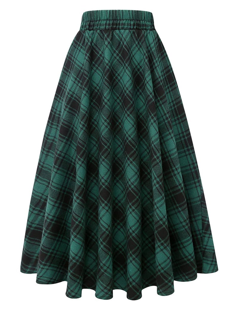 IDEALSANXUN Christmas Skirts for Women Christmas Outfits Clothes Fall Winter Casual Wool Sweater Flannel Tartan Plaid Dresses Midi Skirt, Green 02, M - Image 1