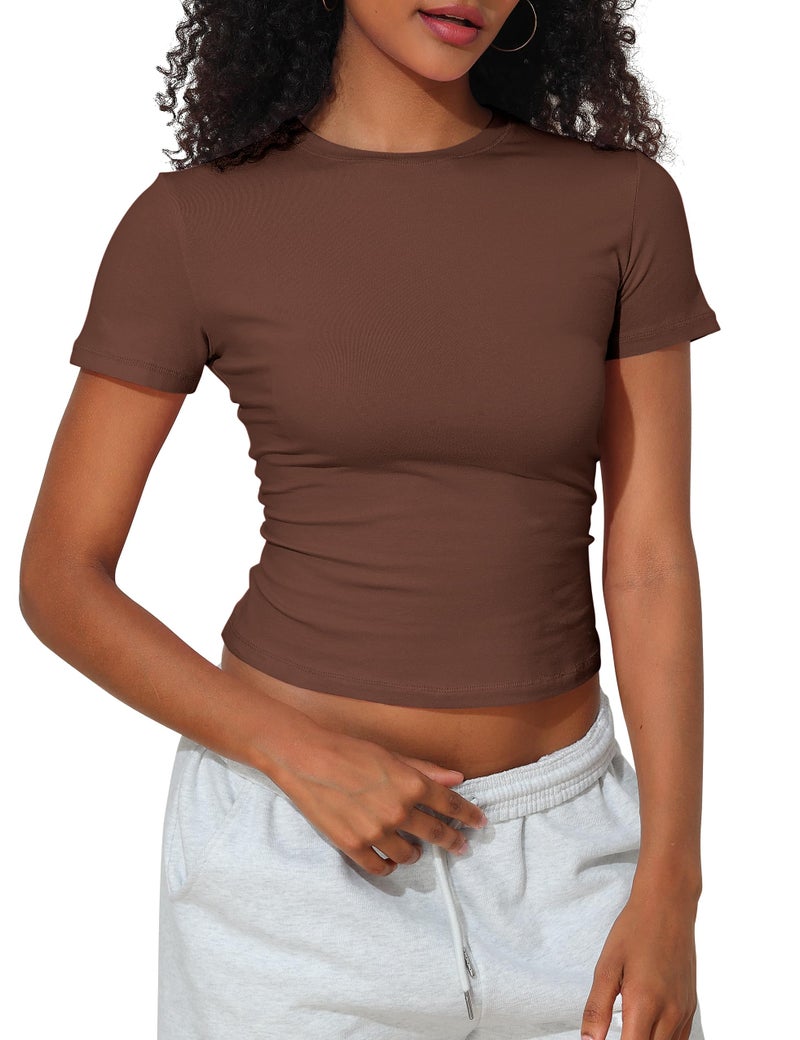PrettyGuide Women's Casual Basic Going Out Tops Cotton Tee Slim Fit Short Sleeve Crew Neck Tight Crop T Shirts Coffee S - Image 2