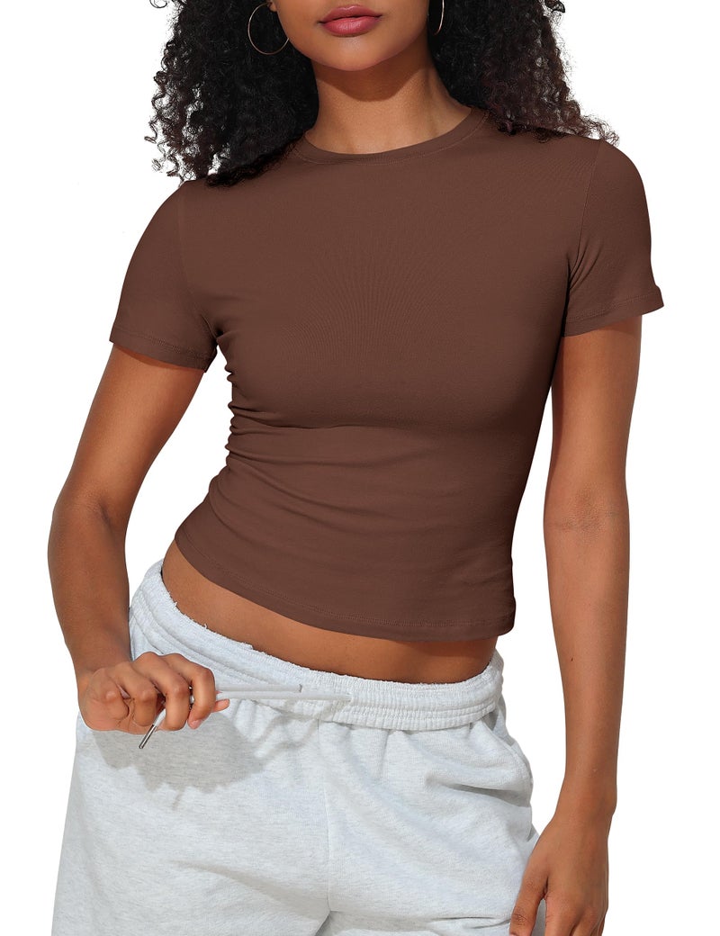 PrettyGuide Women's Casual Basic Going Out Tops Cotton Tee Slim Fit Short Sleeve Crew Neck Tight Crop T Shirts Coffee S - Image 1