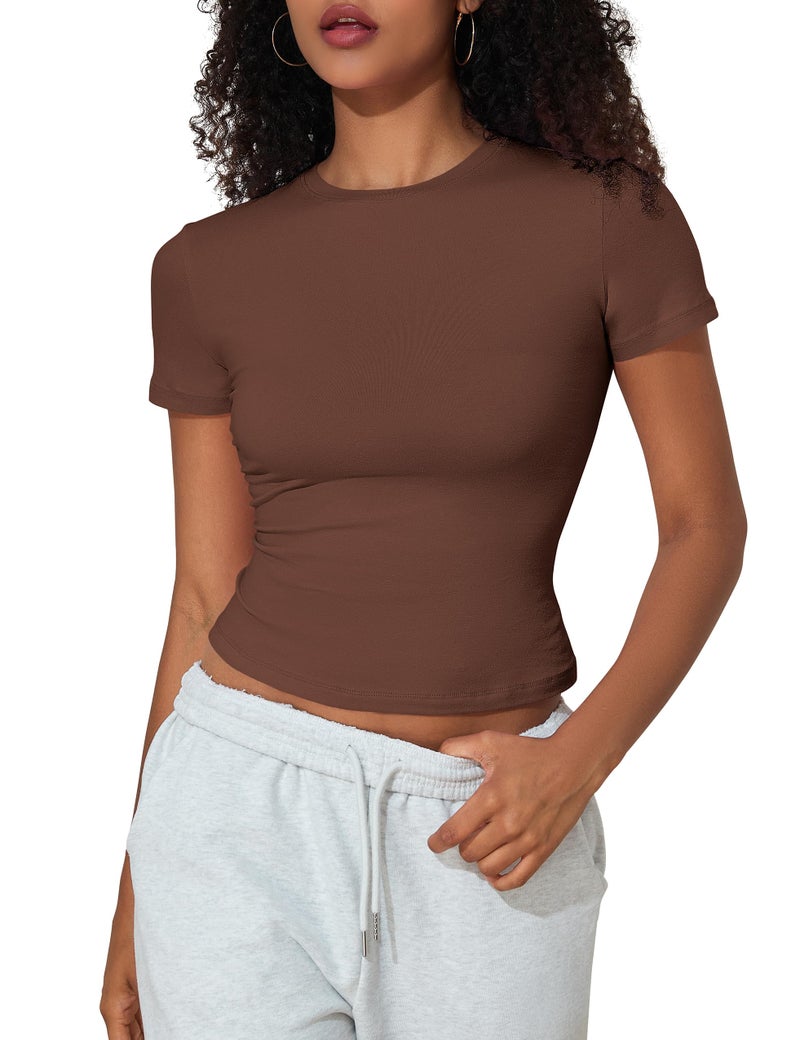 PrettyGuide Women's Casual Basic Going Out Tops Cotton Tee Slim Fit Short Sleeve Crew Neck Tight Crop T Shirts Coffee S - Image 4