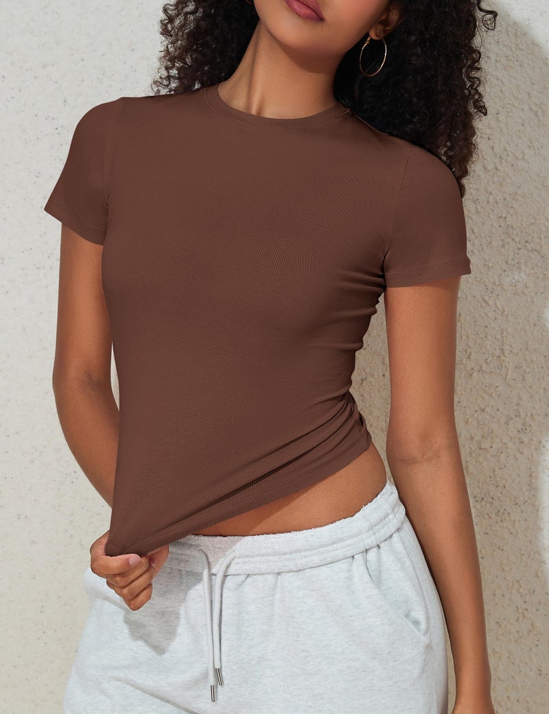 PrettyGuide Women's Casual Basic Going Out Tops Cotton Tee Slim Fit Short Sleeve Crew Neck Tight Crop T Shirts Coffee S - Image 5