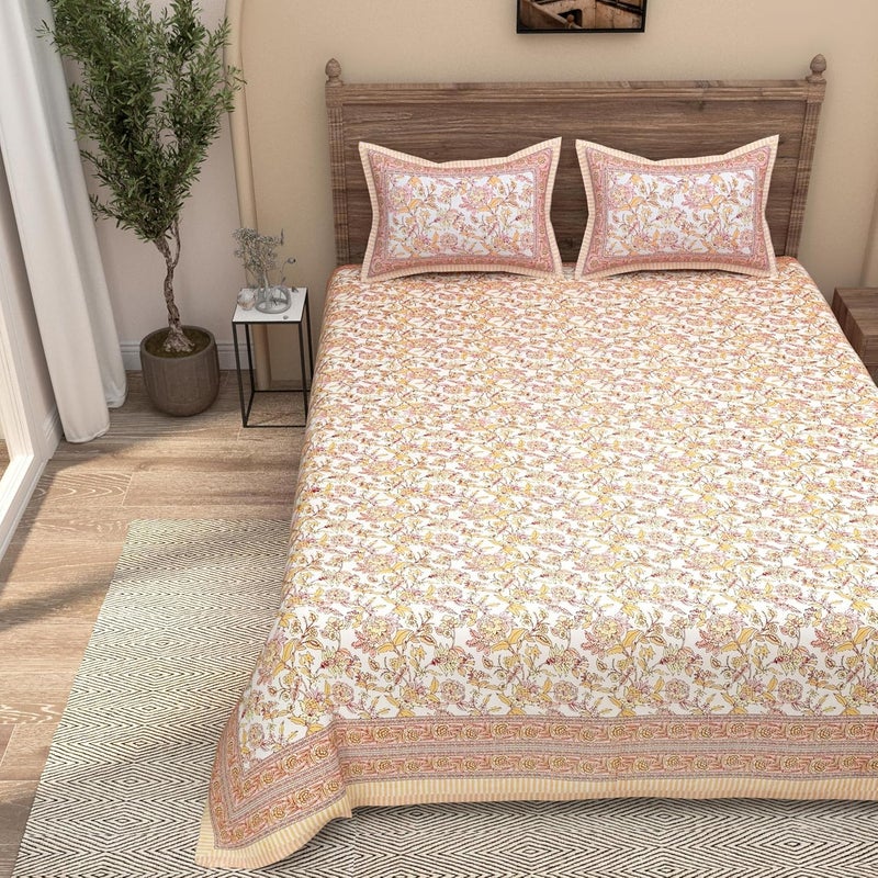 EasyGoods 240 TC Cotton Bedsheet for Double Bed Floral OrangeEthnic35 Bedsheet King Size Bed CottonKing Size BedsheetDouble Bedsheet with 2 Pillow Covers 90x108 InchHandcrafted Bed Sheets - Image 2
