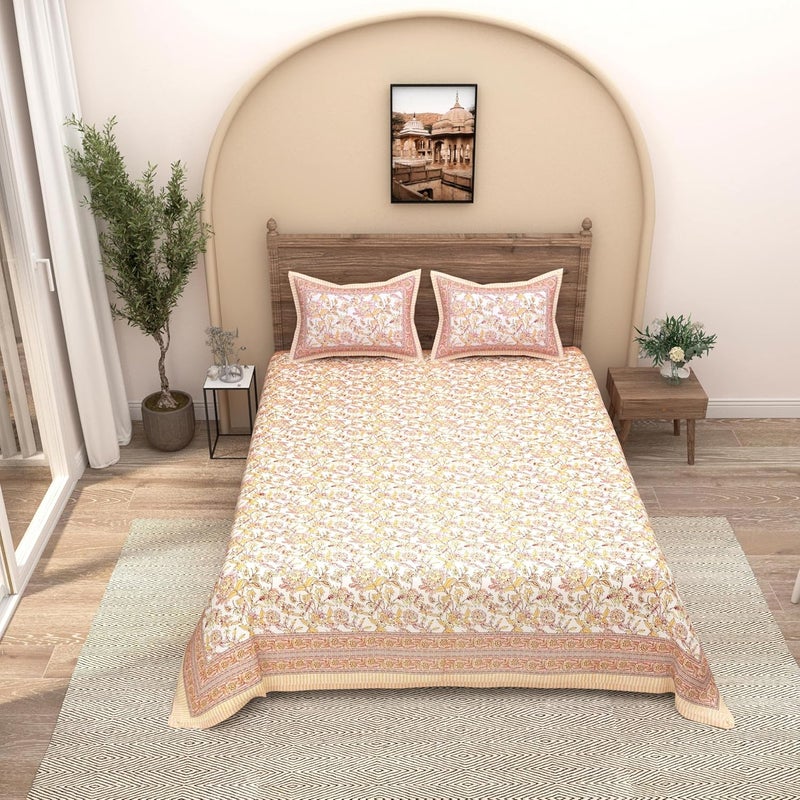 EasyGoods 240 TC Cotton Bedsheet for Double Bed Floral OrangeEthnic35 Bedsheet King Size Bed CottonKing Size BedsheetDouble Bedsheet with 2 Pillow Covers 90x108 InchHandcrafted Bed Sheets - Image 1