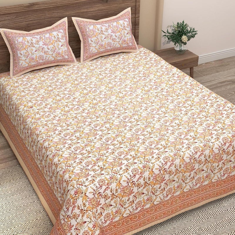 EasyGoods 240 TC Cotton Bedsheet for Double Bed Floral OrangeEthnic35 Bedsheet King Size Bed CottonKing Size BedsheetDouble Bedsheet with 2 Pillow Covers 90x108 InchHandcrafted Bed Sheets - Image 3