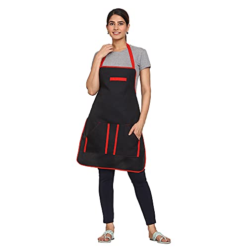 JMi Cotton fabric Plain Waterproof Apron with Long Ties & Multipurpose Front Dual Pocket Free Size For Cooking Dusting Home Kitchen Restaurant Multipurpose for Men & Women Unisex Apron. (BLACK, 1) - Image 1