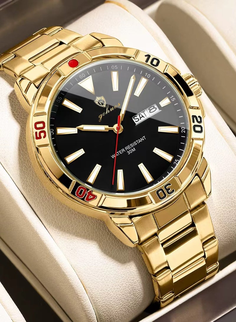 جوهوس ساعة يد كوارتز رجالية كلاسيكية مع عرض التاريخ الأسبوعي، مضيئة، مقاومة للماء، حزام من الفولاذ المقاوم للصدأ، رياضية فاخرة وبسيطة - 43 مم - Image 1