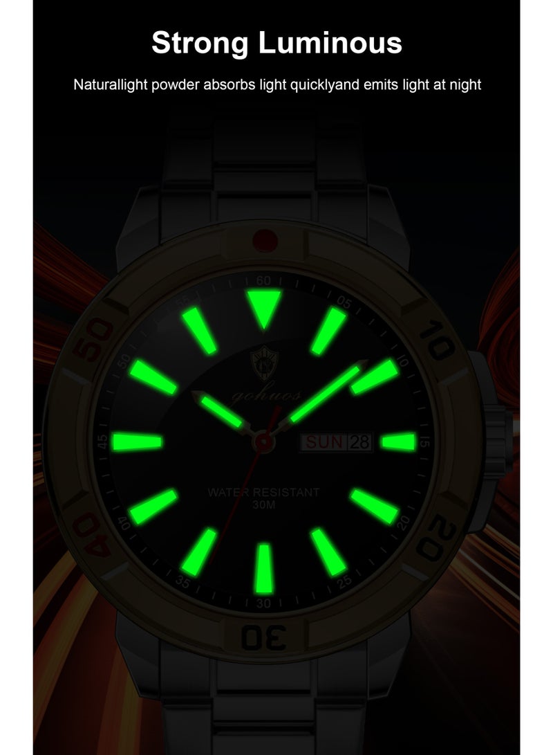 جوهوس ساعة يد كوارتز رجالية كلاسيكية مع عرض التاريخ الأسبوعي، مضيئة، مقاومة للماء، حزام من الفولاذ المقاوم للصدأ، رياضية فاخرة وبسيطة - 43 مم - Image 4