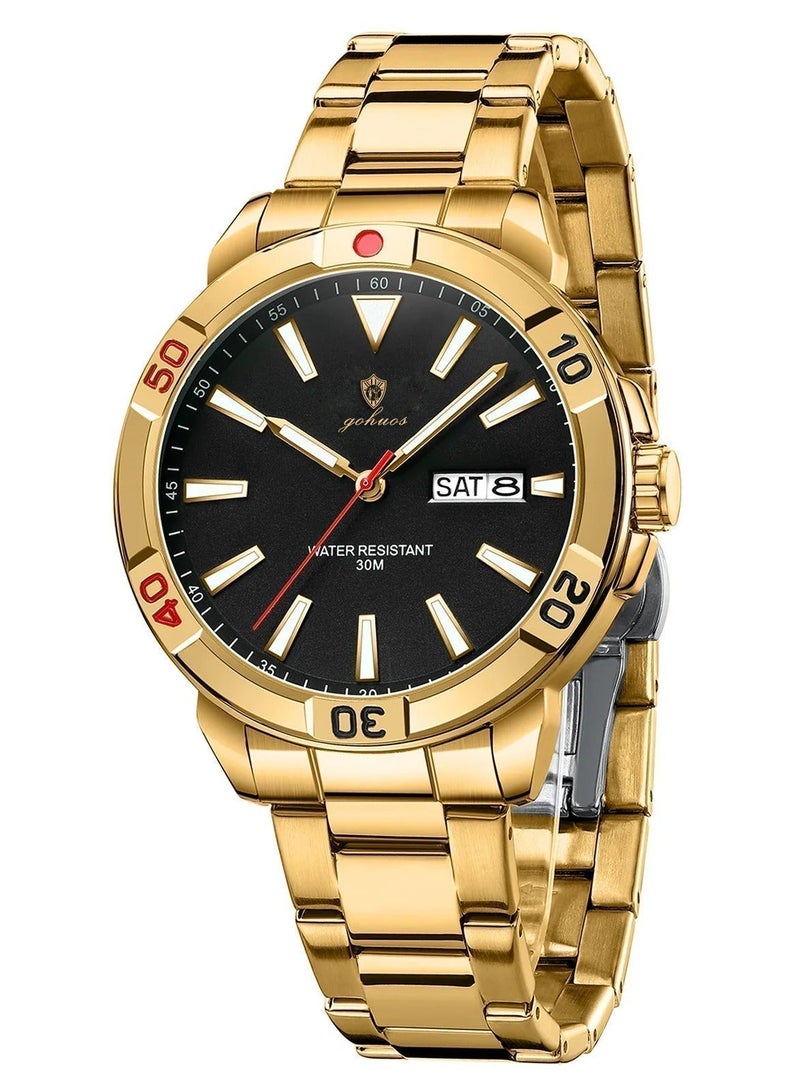 GOHUOS Men's Watch, Top Brand Luxury Stainless Steel Band Date Week Display Luminous Waterproof Quartz Analog Wrist Watch - 43mm - Eid Ramadan Gift - Image 1