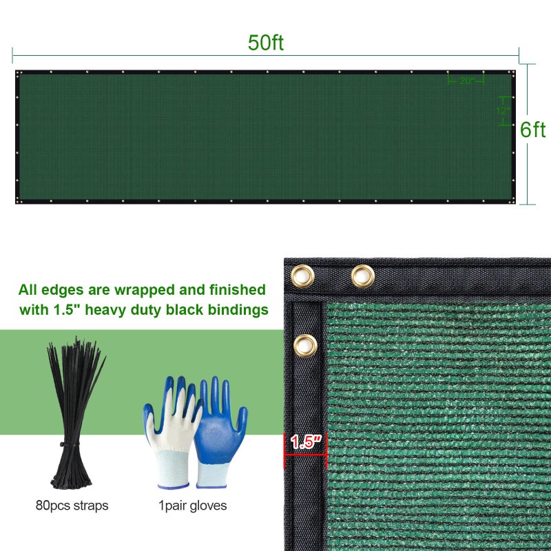 DenForste Privacy Fence Screen,with Gloves, 6X50FT Heavy Duty 220GSM 98% Blockage Privacy Screen Fence for Outdoor Wall Garden Yard Backyard (Dark Green) - Image 4