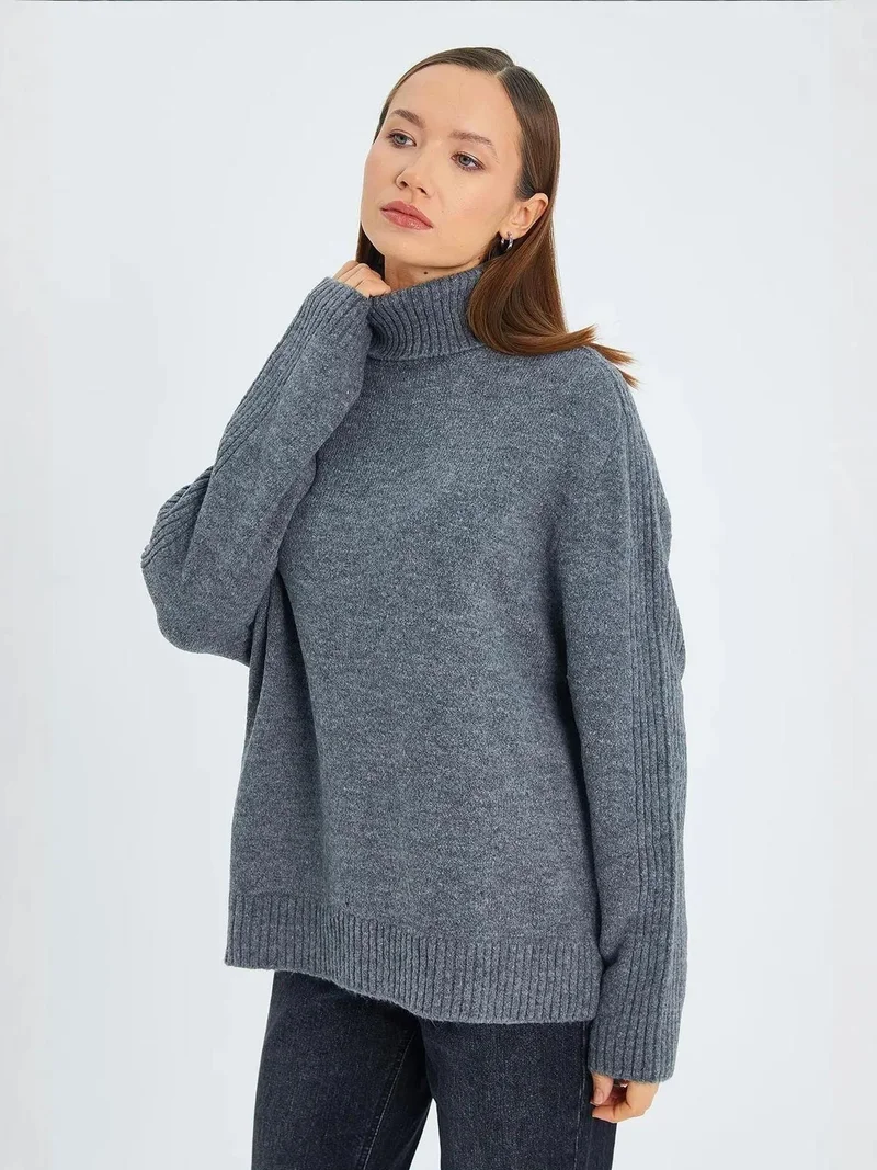Mixray Dark Grey Mixray Loose Fit Turtleneck Knit Sweater for Women | Best Price UAE