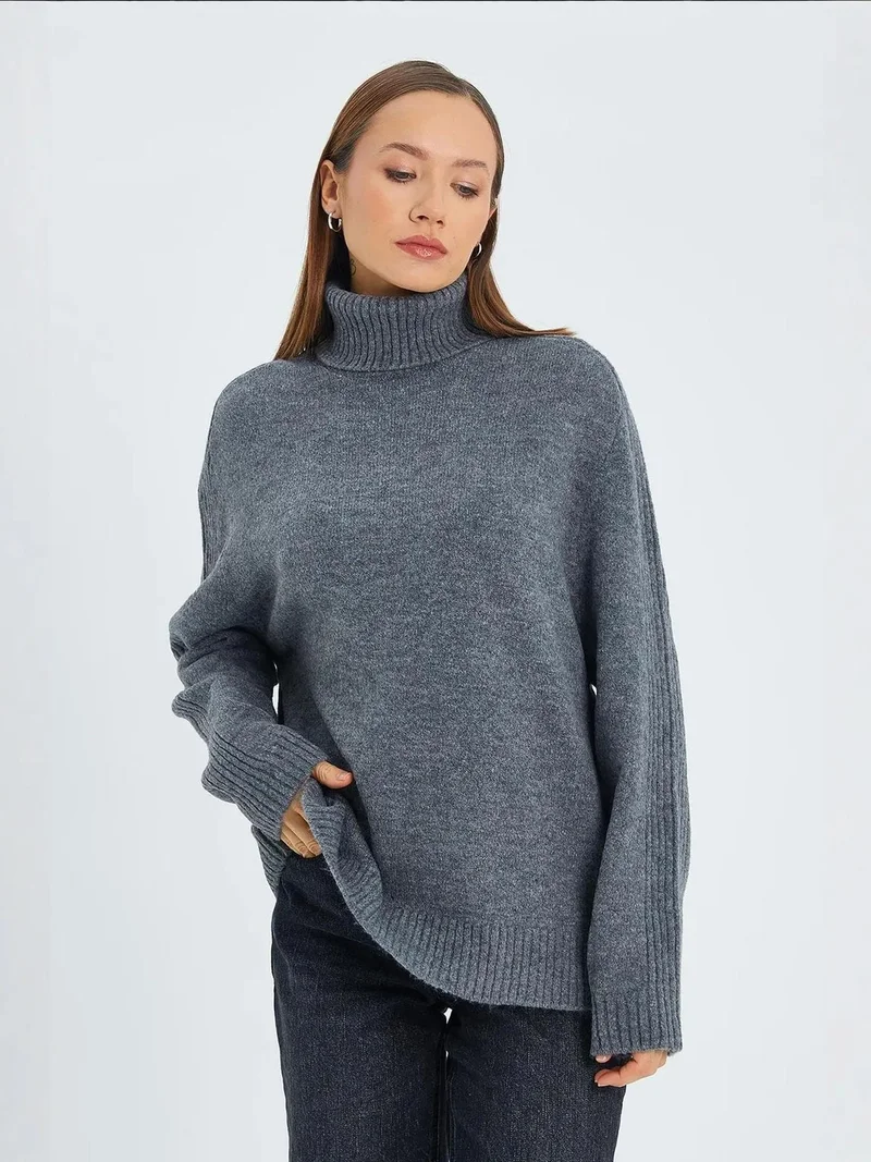 Mixray Dark Grey Mixray Loose Fit Turtleneck Knit Sweater for Women | Best Price UAE