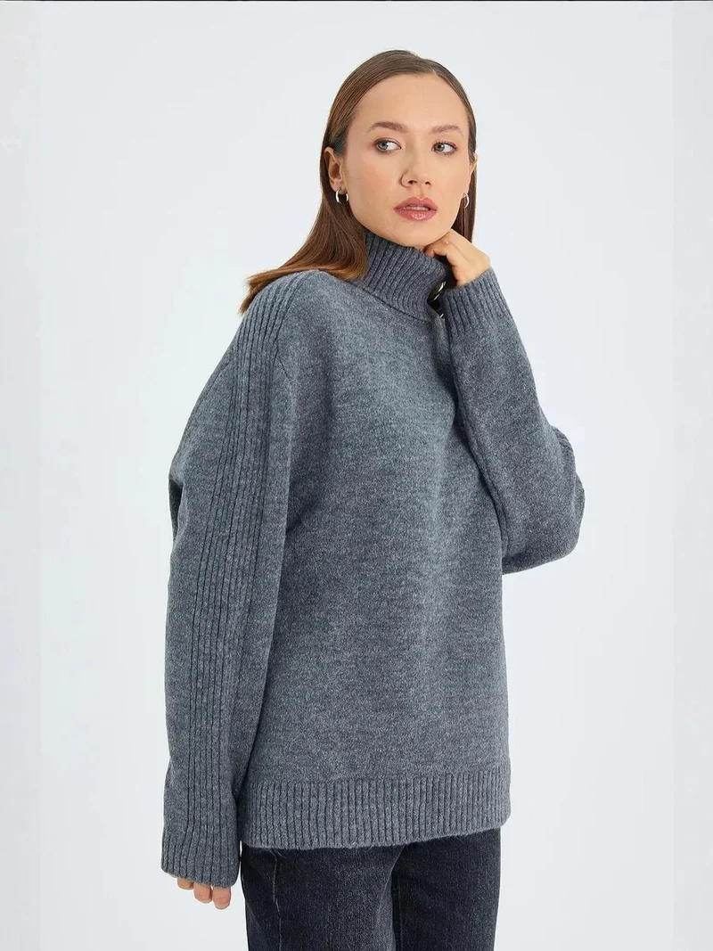 Mixray Dark Grey Mixray Loose Fit Turtleneck Knit Sweater for Women | Best Price UAE