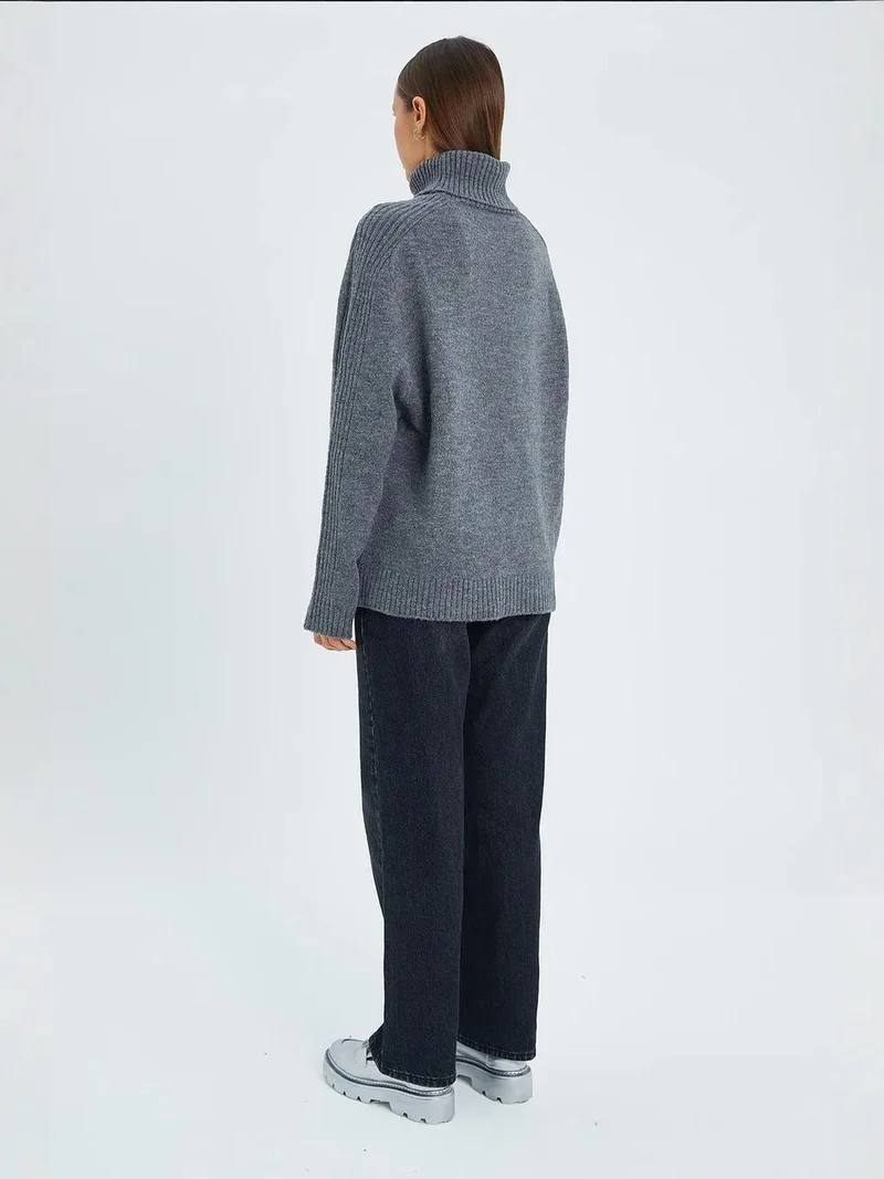 Mixray Dark Grey Mixray Loose Fit Turtleneck Knit Sweater for Women | Best Price UAE
