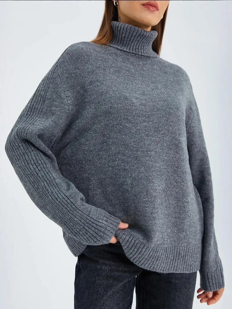 Mixray Dark Grey Mixray Loose Fit Turtleneck Knit Sweater for Women | Best Price UAE