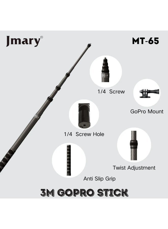 Jmary 3 Meter Carbon Fiber Action Camera Extension Pole – Ultra-Lightweight, Durable & Portable Selfie Stick for Action Cameras – 3-Section Telescopic Handle with Anti-Slip Grip – Ideal for Vlogging, Travel, Sports, Aerial & Outdoor Filming - Image 5