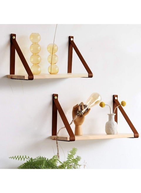 رف عائم على الحائط بحزام بني من جلد البولي يوريثان بيج