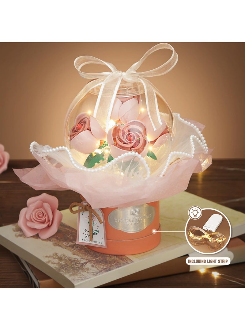 KASTWAVE - Bouquet Building Kit,Flower Building Blocks Set with Dust-Proof Dome,Simulation Bouquet for Valentine's Day,Bonsai Building Bricks Toys,Home Decor (Pink) - Image 1