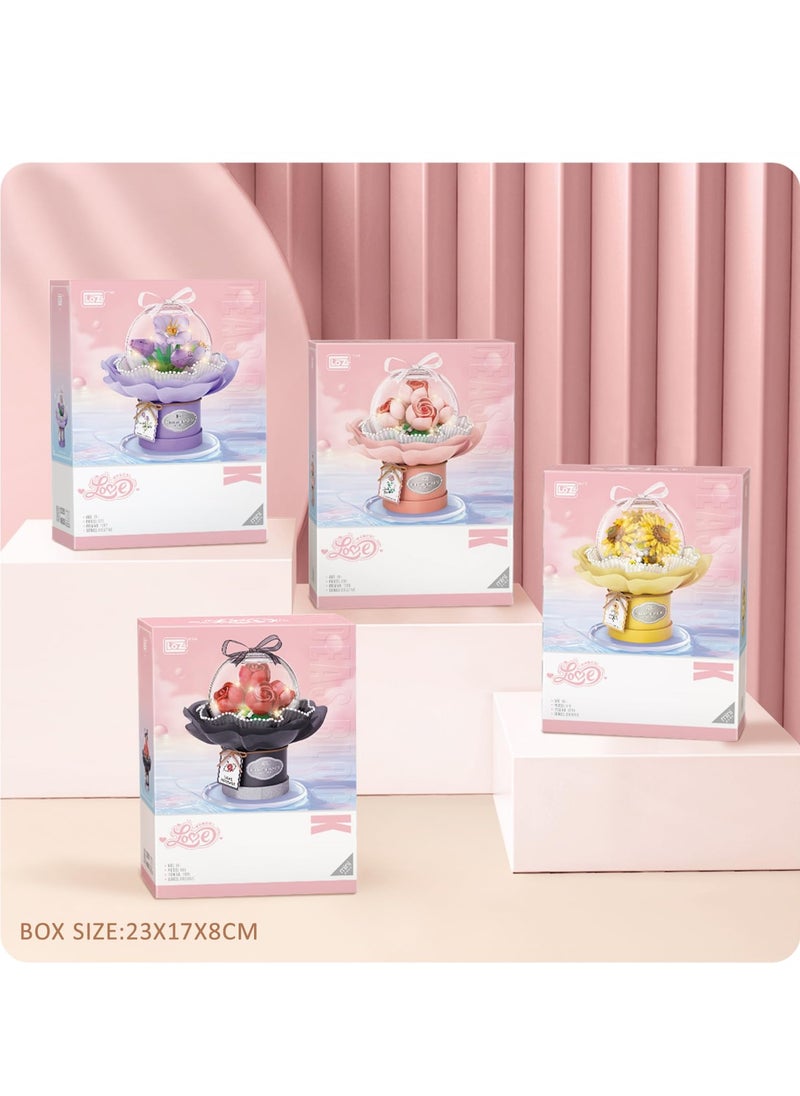 KASTWAVE Bouquet Building Kit,Flower Building Blocks Set with Dust-Proof Dome,Simulation Bouquet for Valentine's Day,Bonsai Building Bricks Toys,Home Decor (Pink)  - Image 3