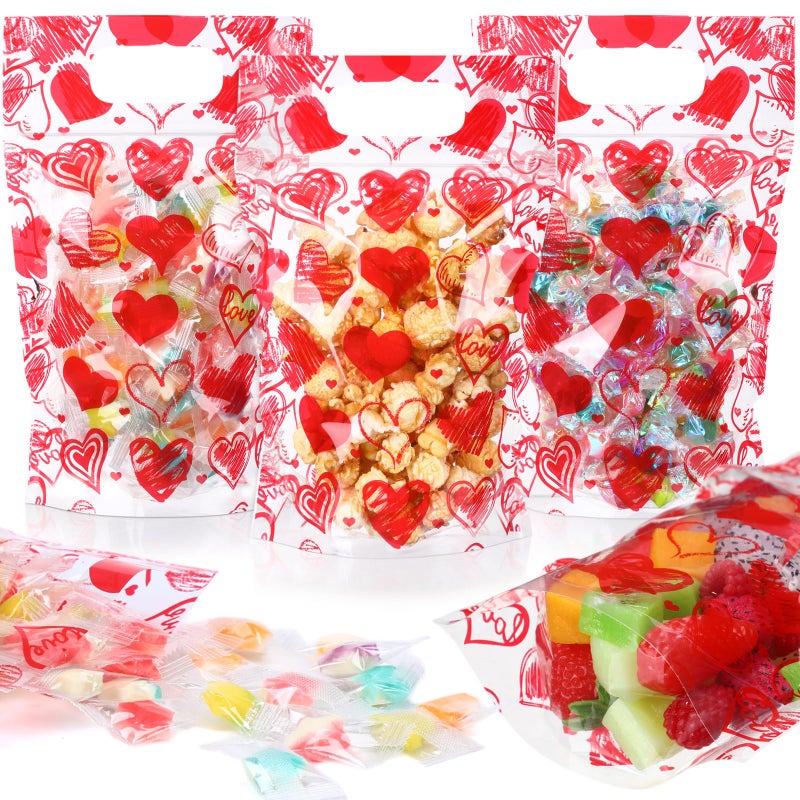 Blosssound 50 Pcs Valentines Day Gift Bags Resealable Love Plastic Bags Valentines Party Favor holder with Handle for Wedding Party Candy Gift Wrapping Supplies Decor (Love) - Image 1