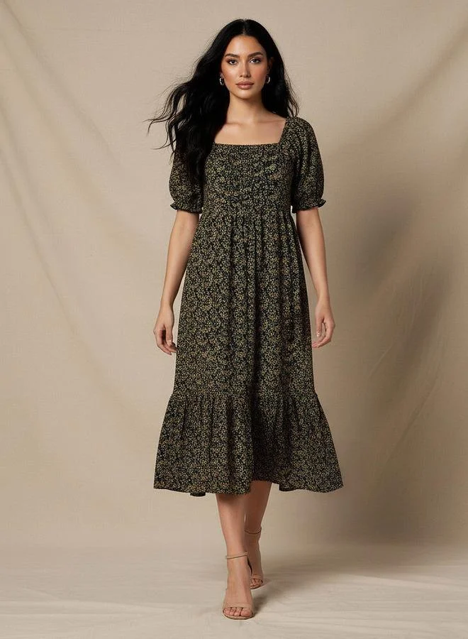 Splash FAV Floral Print Midi Dress with Square Neck